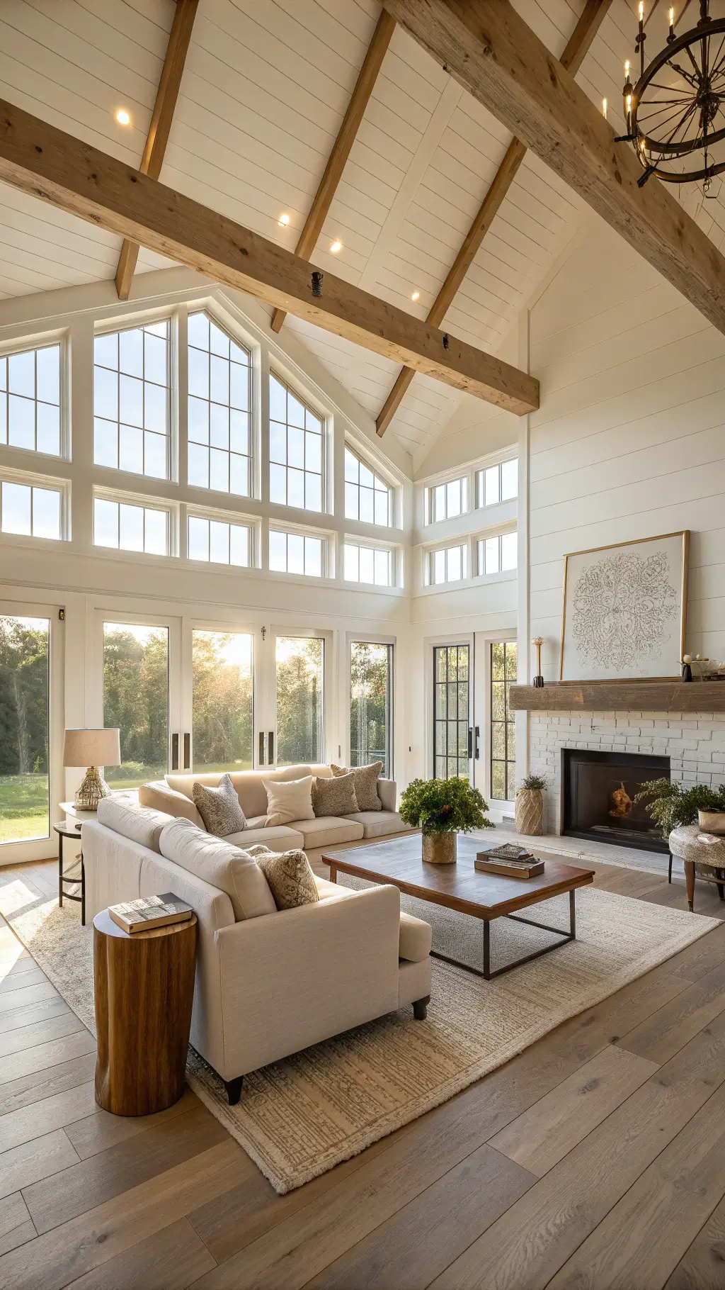 Modern farmhouse living room with cozy furniture and rustic accents