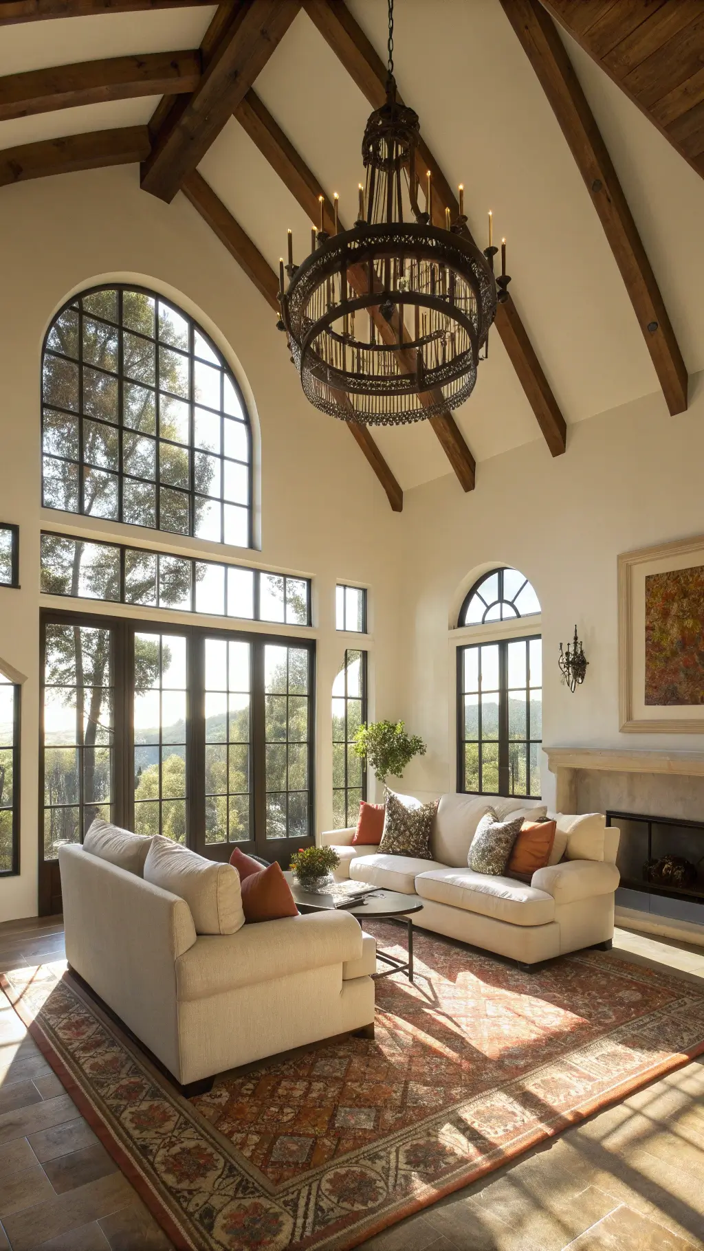 Modern Spanish Revival living room with warm tones and rustic accents
