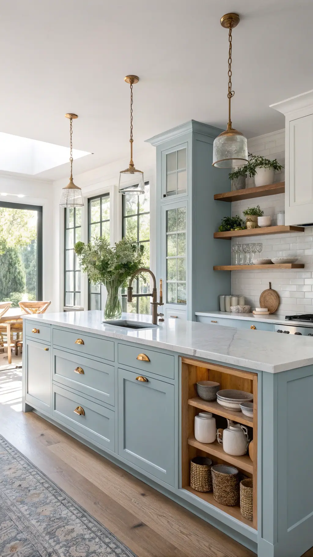 Modern kitchen featuring powder blue cabinets, white quartz countertops, and wooden open shelves illuminated by morning sunlight through floor-to-ceiling windows