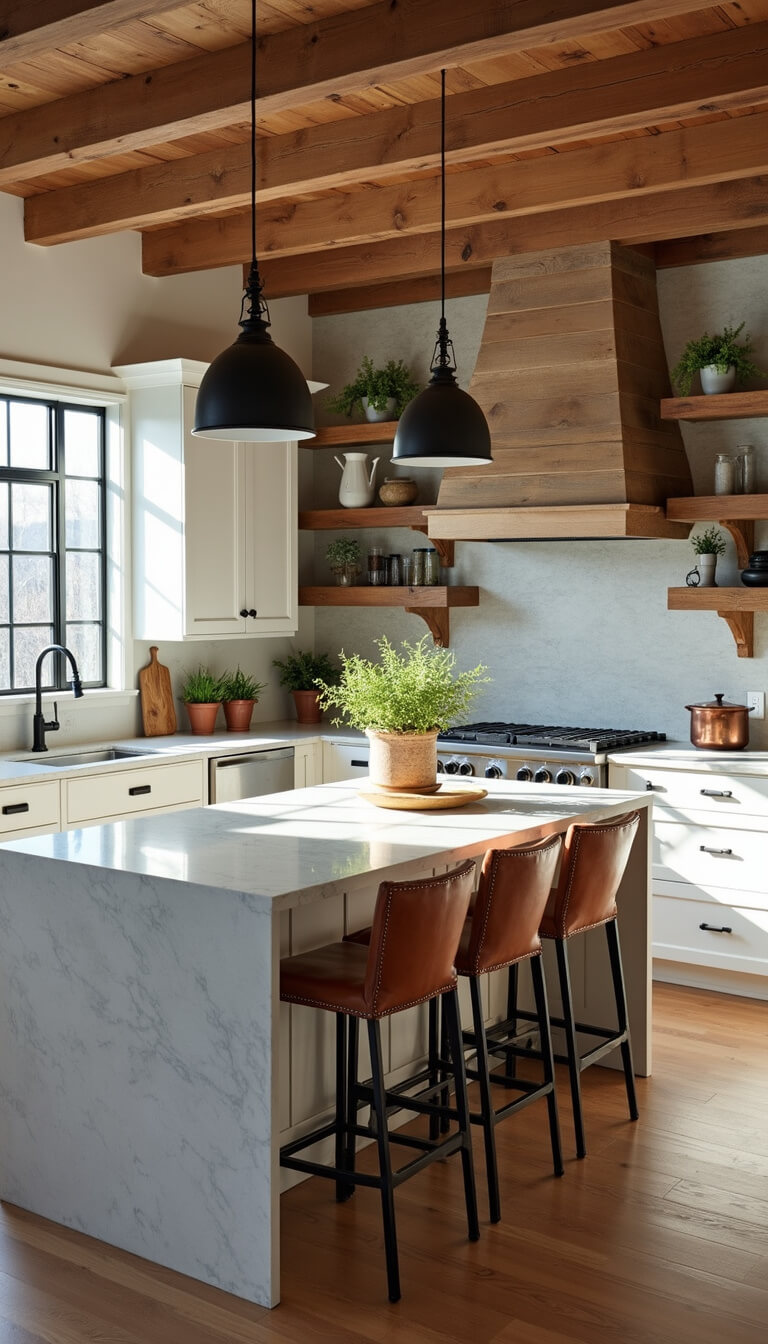 Sunlit rustic modern kitchen with white shaker cabinets, reclaimed wood shelving, quartz island, and floor-to-ceiling windows.