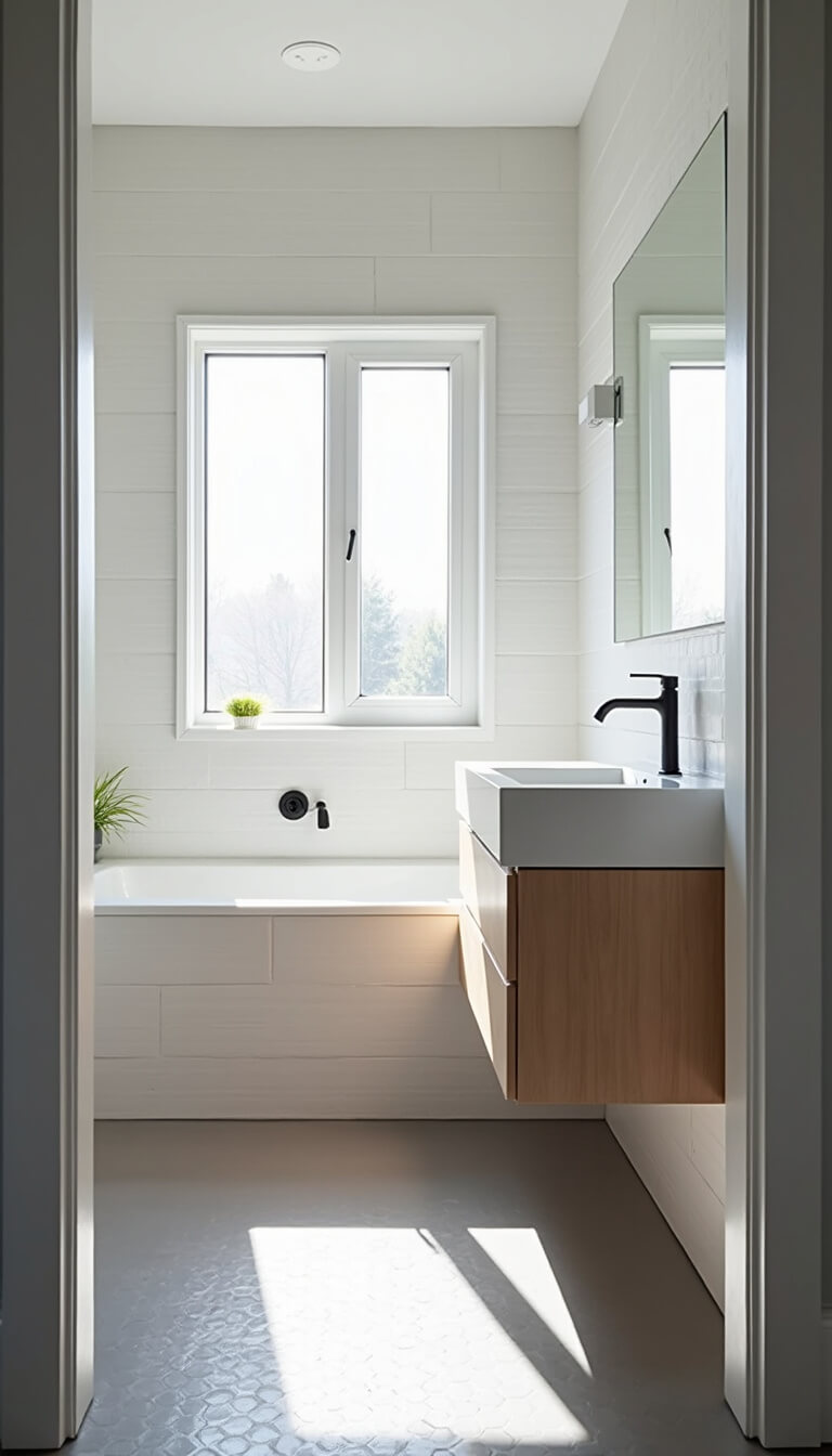Modern minimalist 5x7 bathroom with floating white oak vanity, matte black hardware, subway tile walls, ghost gray hex floor tiles, and early sunlight through frosted window.
