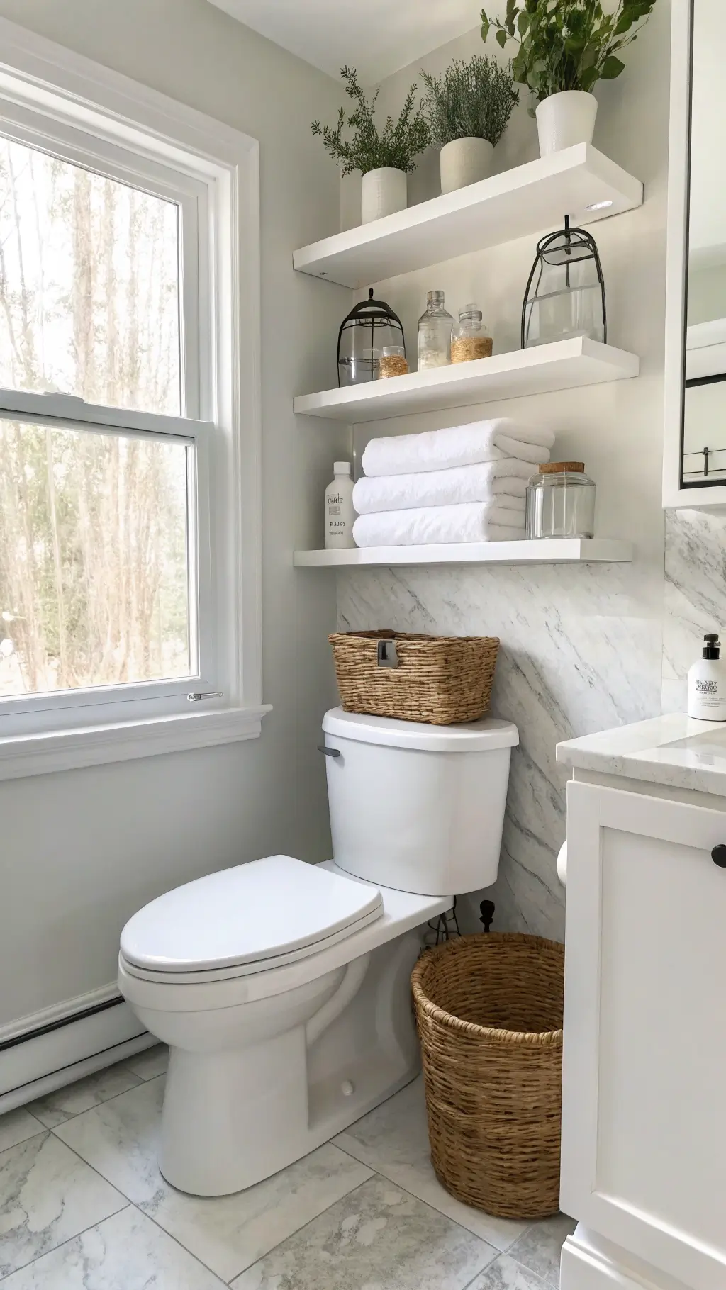 Baskets & Organization Solutions for Every Space | Pottery Barn Modern spa bathroom with sleek white shelves, rolled towels, glass jars, and eucalyptus sprigs above a porcelain toilet, complemented by black hardware and minimalist grey <a href=