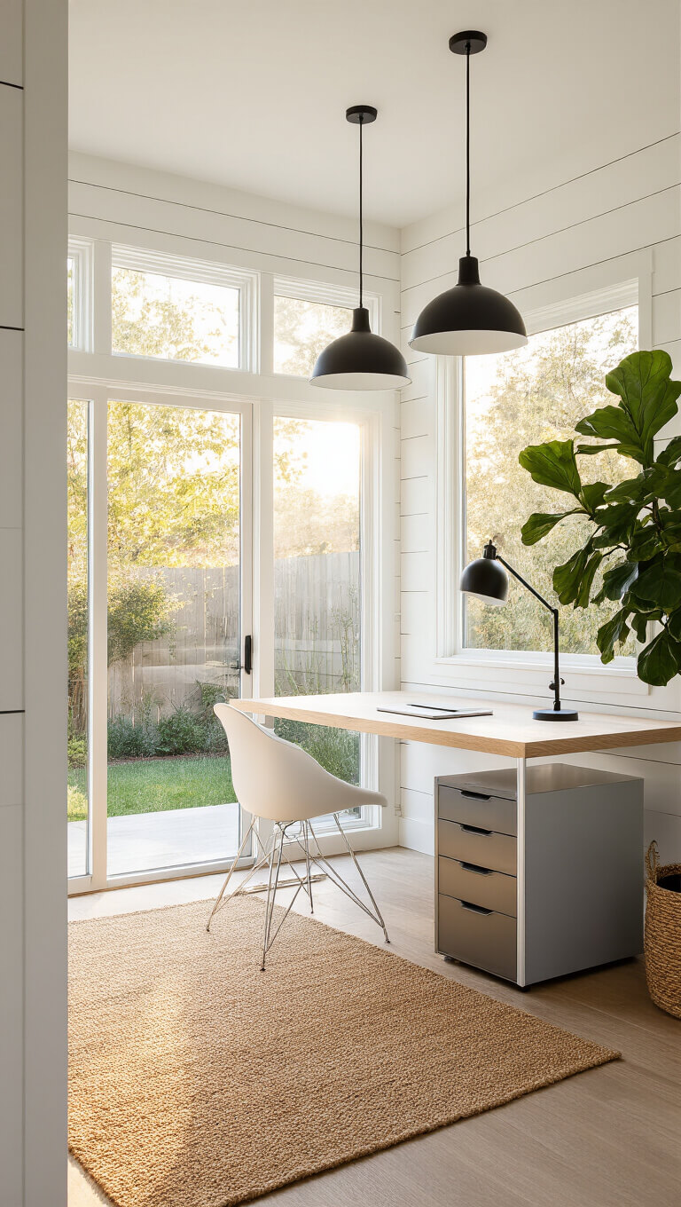 Modern minimalist backyard studio with white oak desk, floor-to-ceiling windows, and warm golden hour lighting.