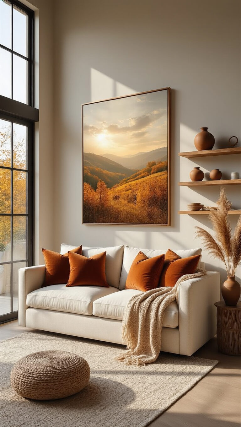 Sun-drenched living room featuring a cream linen sofa with rust-colored velvet cushions, autumn landscape canvas, and shelves adorned with ceramic vases and pampas grass.